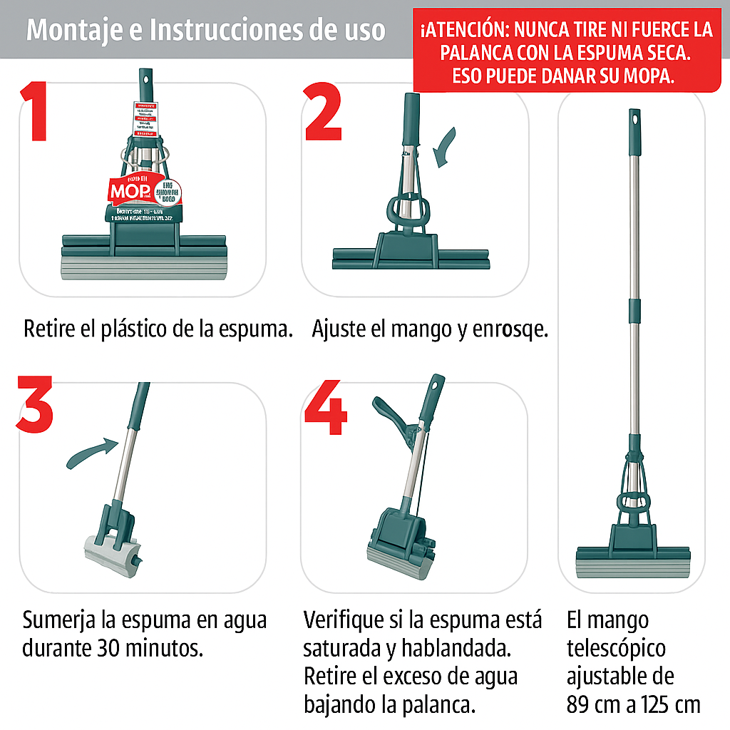 Trapeador Mágico Escurridor con Mango Extensible y Esponja Súper Absorbente – Ideal para Todo Tipo de Pisos