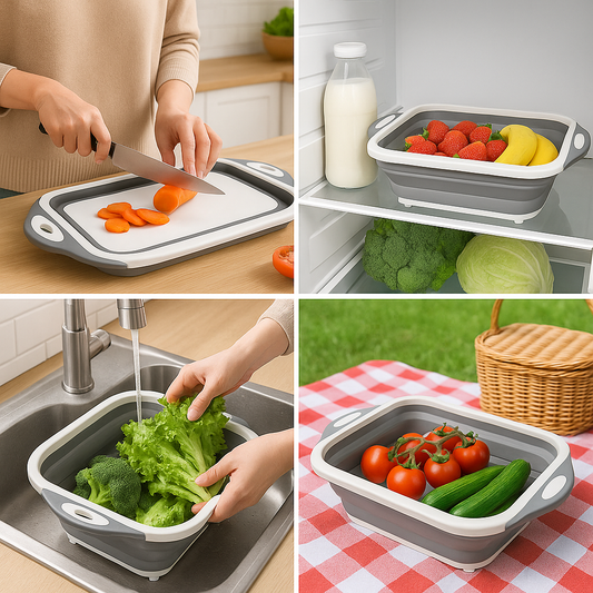 Cesta Plegable Multiuso 4 en 1 de Alta Calidad – Cortá, Lavá, Colá y Almacená sin Complicaciones